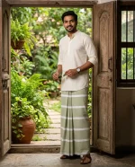 প্রিমিয়াম হালকা জলপাই ও সাদা ডোরাকাটা লুঙ্গি - Image 3